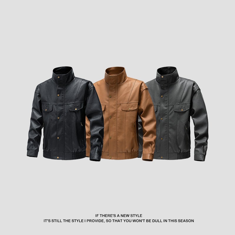 Solid Color American Retro Fleece-Lined Leather Fashionable Biker Clothing Windproof Handsome Slim-Fit Duffian Handsome Men'S Jacket - Image 2