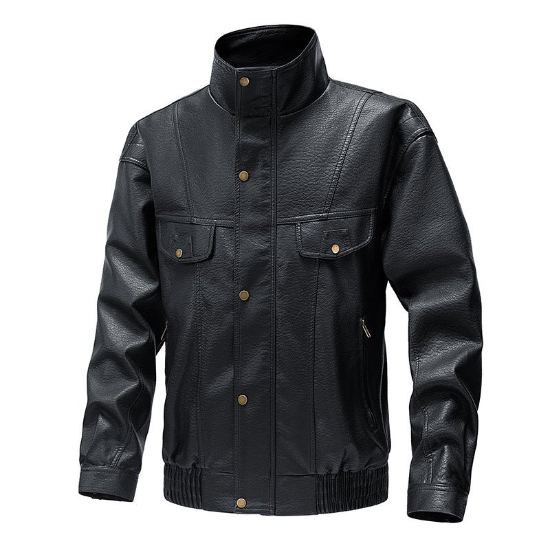 Solid Color American Retro Fleece-Lined Leather Fashionable Biker Clothing Windproof Handsome Slim-Fit Duffian Handsome Men'S Jacket - Image 1