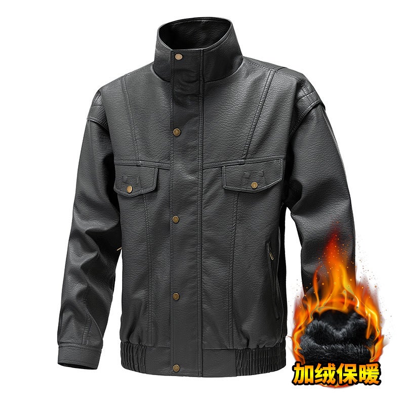 Solid Color American Retro Fleece-Lined Leather Fashionable Biker Clothing Windproof Handsome Slim-Fit Duffian Handsome Men'S Jacket - Image 4
