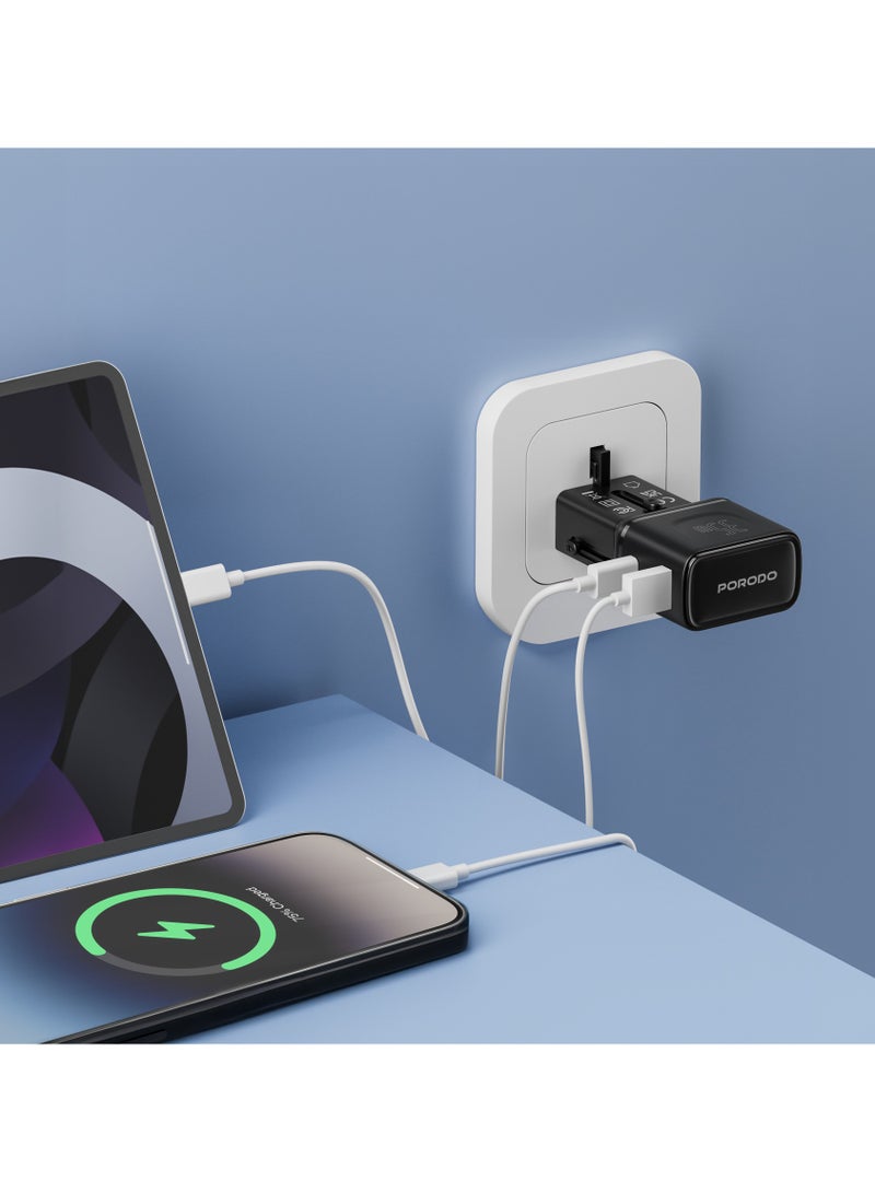 porodo Universal Travel Pocket Charger 35W Mini-Universal Charger with USB-A & USB-C Ports / Simultaneous Charging / Built-In Safeguards / 200+ Countries / Universal Compatibility - Black - Image 2