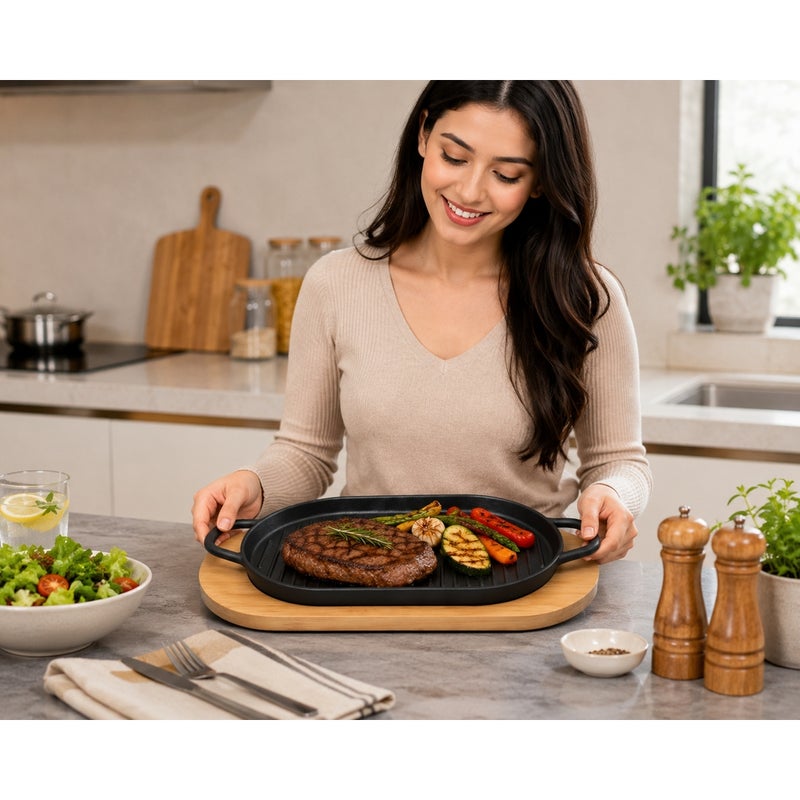 طاجن تقديم بيضاوى مضلع غويط على حامل خشب 37*16 سم - A-1320G - Image 2