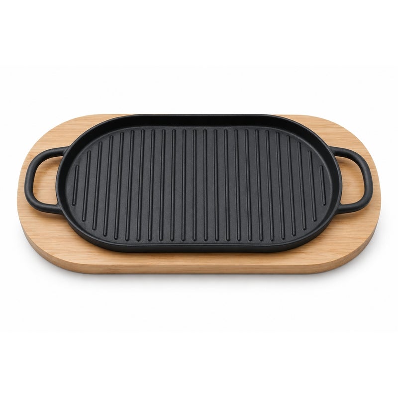 طاجن تقديم بيضاوى مضلع غويط على حامل خشب 37*16 سم - A-1320G - Image 1