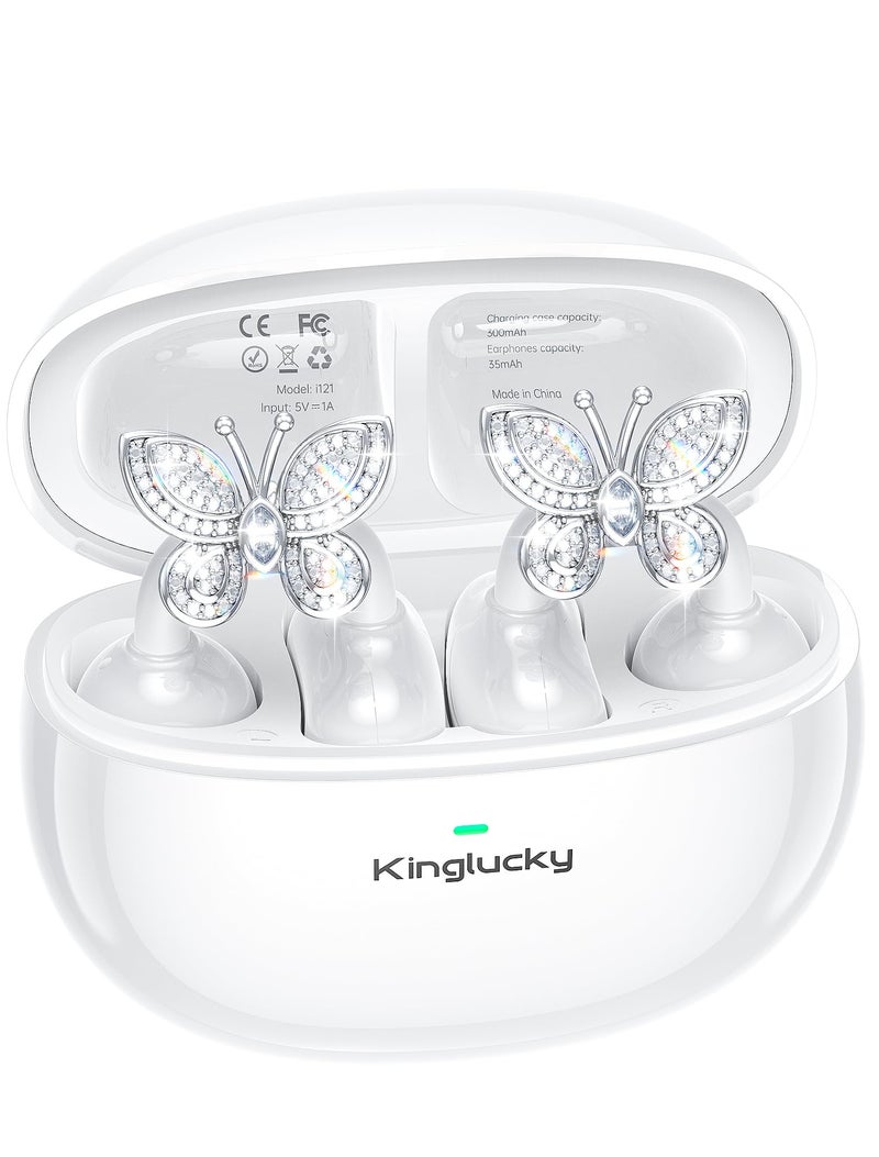 Kinglucky Jewelry-Inspired Clip-On Earbuds with Butterfly Earrings, Comfortable Fit & 50H Playtime Open Ear Bluetooth 5.4 Wireless Headphones for Women, Small Ears, Sports & Workouts (White) - Image 1