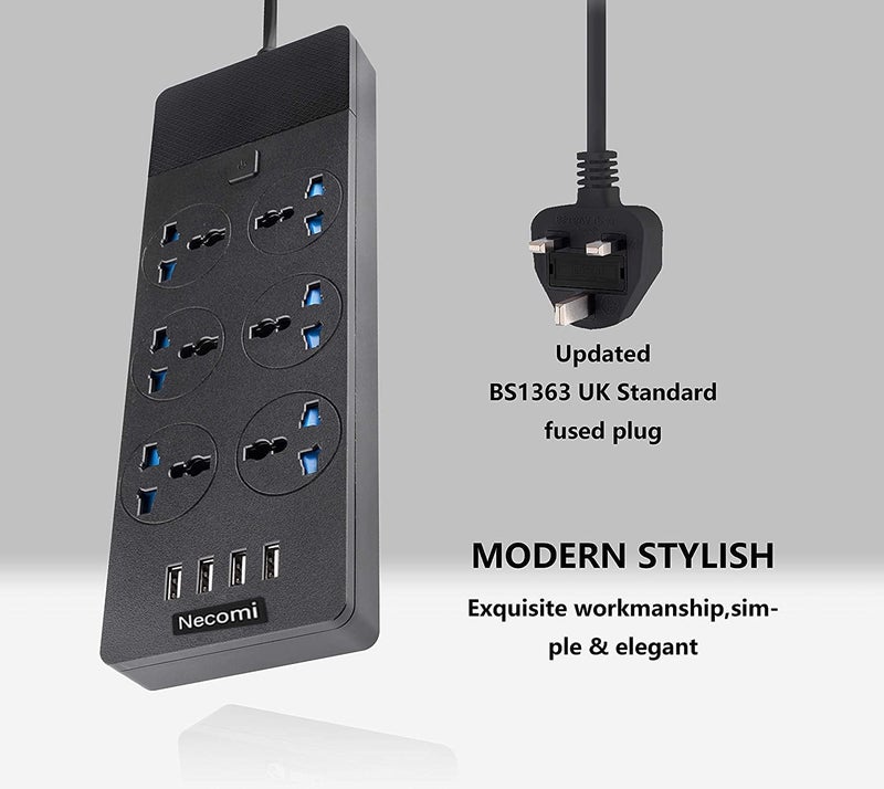 نكومي شريط طاقة عالمي مع منافذ تمديد، محول حائط نيكومي متكامل مع 4 منافذ USB (3.1 أمبير) و6 مقابس كهربائية ذكية، واقي من زيادة التيار بقابس بريطاني للمكتب المنزلي (2 متر/6.5 قدم) - Image 5