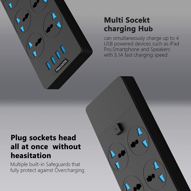نكومي شريط طاقة عالمي مع منافذ تمديد، محول حائط نيكومي متكامل مع 4 منافذ USB (3.1 أمبير) و6 مقابس كهربائية ذكية، واقي من زيادة التيار بقابس بريطاني للمكتب المنزلي (2 متر/6.5 قدم) - Image 4