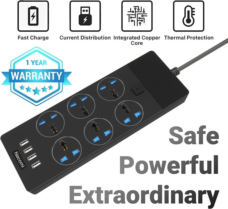 نكومي شريط طاقة عالمي مع منافذ تمديد، محول حائط نيكومي متكامل مع 4 منافذ USB (3.1 أمبير) و6 مقابس كهربائية ذكية، واقي من زيادة التيار بقابس بريطاني للمكتب المنزلي (2 متر/6.5 قدم) - Image 3