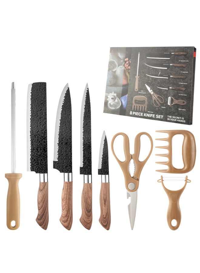 KUNSION 8-Piece Kitchen Knife Set, Hammered Texture Stainless Steel Knives with Ergonomic Handle, Scissors, Meat Claw and Sharpener, Brown - Image 1
