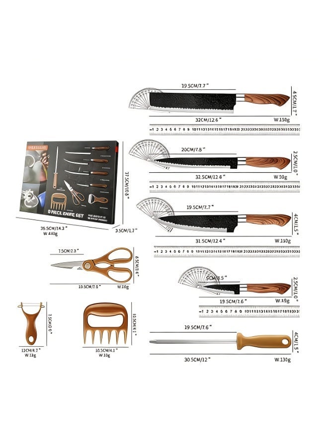 KUNSION 8-Piece Kitchen Knife Set, Hammered Texture Stainless Steel Knives with Ergonomic Handle, Scissors, Meat Claw and Sharpener, Brown - Image 2