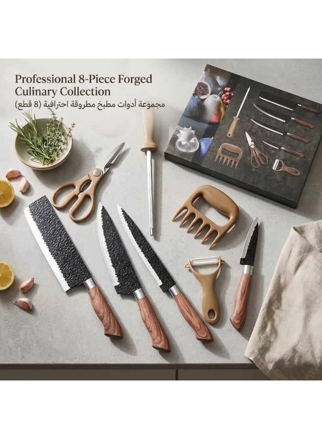 KUNSION 8-Piece Kitchen Knife Set, Hammered Texture Stainless Steel Knives with Ergonomic Handle, Scissors, Meat Claw and Sharpener, Brown - Image 4