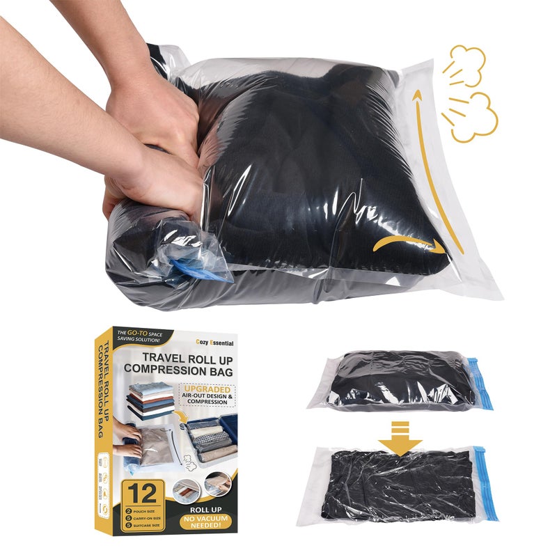 Compression Bags for Travel  Travel Essentials  12 Pack Space Saver Bags  No Vacuum Needed  Compression Packing Bags for Cruise Accessories