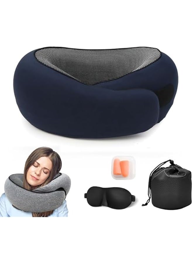 Generic Travel Pillow for Airplane, Neck Pillow for Travel, Memory Cotton Travel Neck Pillow for Adults, Adjustable Flight Pillow, Ergonomic Neck Cushion, With Ear Plugs, Eye Mask, Carry Bag (Blue) - Image 1