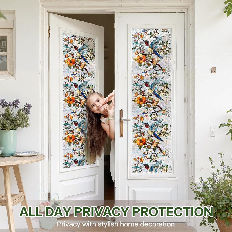 Aomkmi Stained Glass Window Film UV Resistant Window Privacy Film Hummingbird Floral Privacy Rainbow Decals Living Room Bedroom Sun Blocking Decor Removable Static Cling Stickers 17 x 78.74 Inch - Image 3