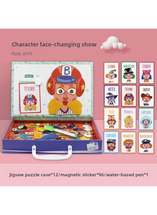 Magnetic Wooden Puzzle Early Education Toy Intelligence Development Children's Puzzle Figure Face-changing Play-in-Home Change Magnetic Sticker-Color:Puzzle Post-character Face Change Show - Image 1