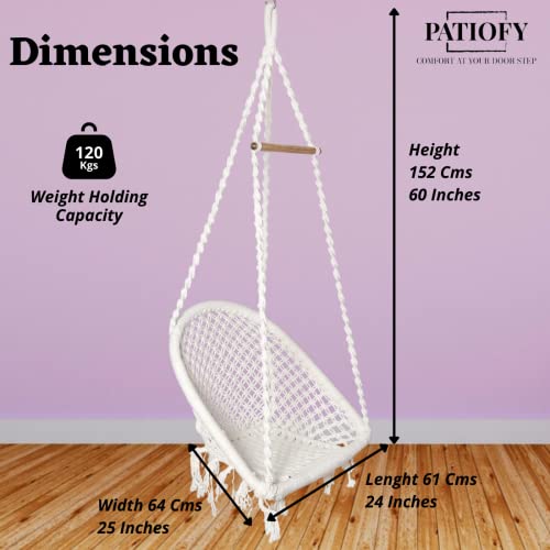 Patiofy Cotton D Shape Hammock Hanging Swing Chair/Jhula for Adults & Kids/Swing for Balcony, Indoor, Outdoor, Home, Garden/Capacity Upto 120Kgs/ Includes Free Hanging Kit & Cushion (White) - Image 4