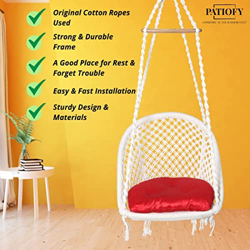 Patiofy Cotton D Shape Hammock Hanging Swing Chair/Jhula for Adults & Kids/Swing for Balcony, Indoor, Outdoor, Home, Garden/Capacity Upto 120Kgs/ Includes Free Hanging Kit & Cushion (White) - Image 5