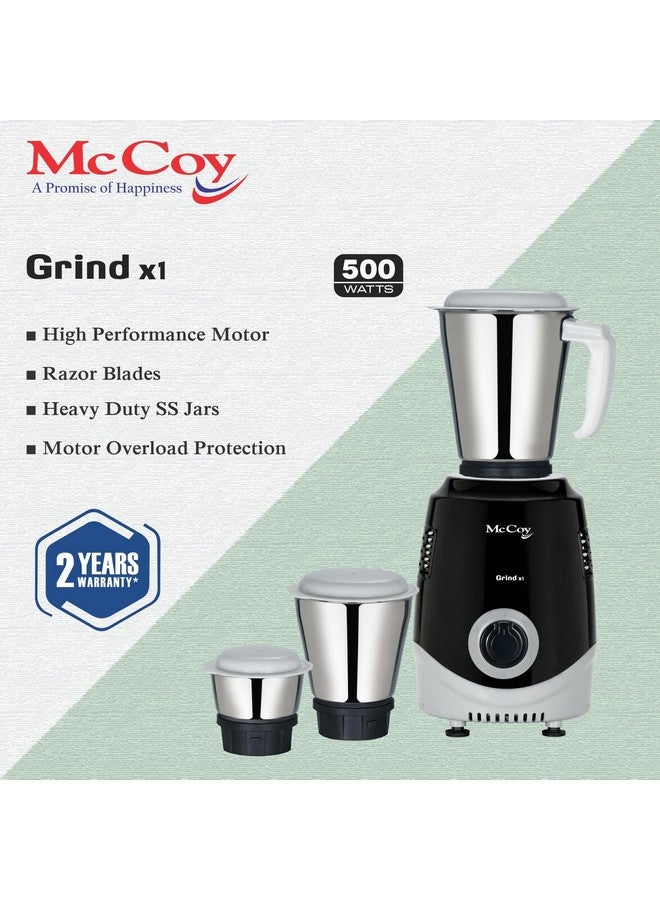 McCoy Mixer Grinder | Grind X1 500W with 3 SS jars | Longer life Universal Hybrid Motor | ABS Body | Uniform Grinding | Black & Grey - Image 3