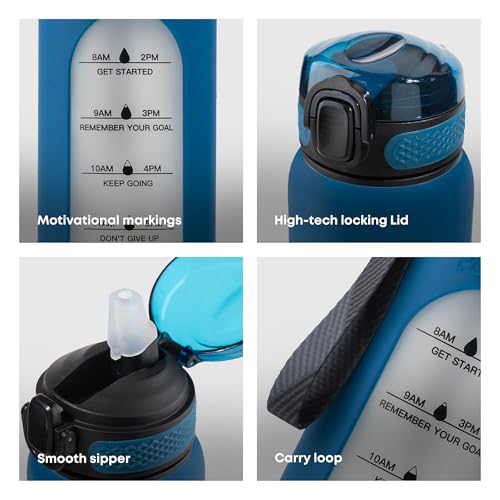 TintBox 1 Litre Motivational Borosilicate Glass Sipper with Silicone Sleeve, Time Markings, Leak-Proof (Lunar Blue) - Image 4