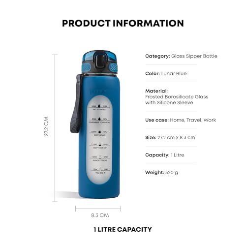 TintBox 1 Litre Motivational Borosilicate Glass Sipper with Silicone Sleeve, Time Markings, Leak-Proof (Lunar Blue) - Image 2