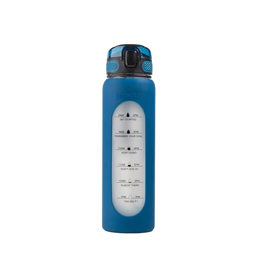 TintBox 1 Litre Motivational Borosilicate Glass Sipper with Silicone Sleeve, Time Markings, Leak-Proof (Lunar Blue) - Image 1