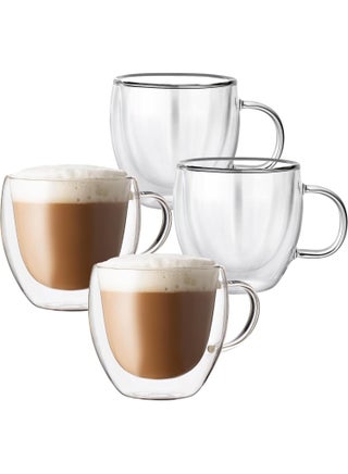 Kazomo Double Wall Glass Coffee Mugs Set of 4 |  250ml Clear Insulated Glass Cups with Handle, Heat Resistant Double Walled Coffee Cups for Cappuccino, Latte, Espresso, Tea, Hot Chocolate & Cold Drinks