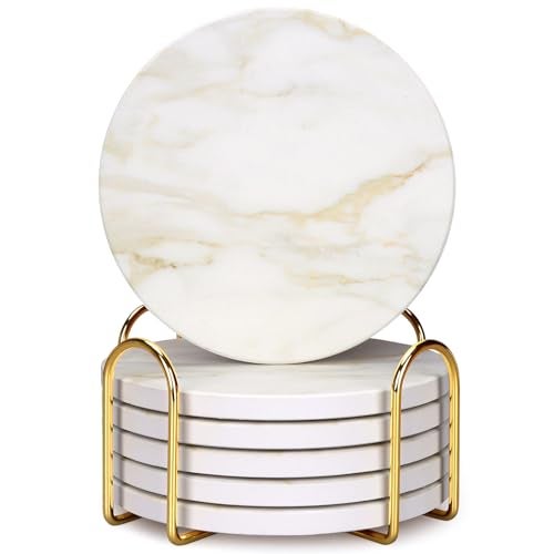 Dksyee White Marble Style Ceramic Coasters Set of 6 with Holder Modern Coffee Table Decor Drink Coaster Gifts Absorbent Stone Coasters for Rustic Farmhouse Bar - Image 1