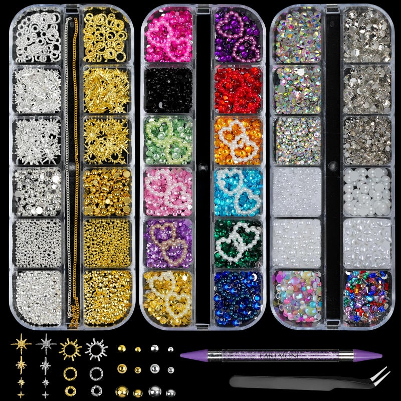 EARLMONI 3D Nail Charms Gold Silver, EARLMONI Metal Nails Stuff Flat Back Nail Gems Rhinestones Flatback Caviar Beads Pearls Studs Multi-Shape Crystal Jewels with Rhinestone Picker Tool - 3 Boxes - Image 1