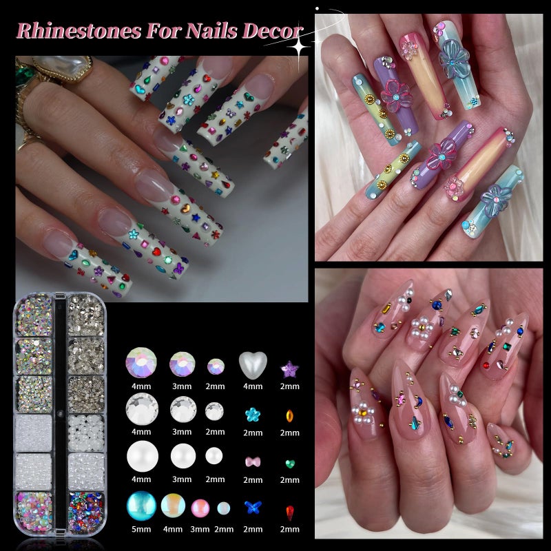 EARLMONI 3D Nail Charms Gold Silver, EARLMONI Metal Nails Stuff Flat Back Nail Gems Rhinestones Flatback Caviar Beads Pearls Studs Multi-Shape Crystal Jewels with Rhinestone Picker Tool - 3 Boxes - Image 5