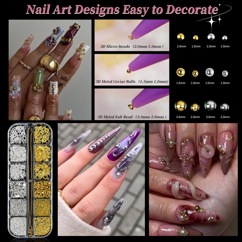 EARLMONI 3D Nail Charms Gold Silver, EARLMONI Metal Nails Stuff Flat Back Nail Gems Rhinestones Flatback Caviar Beads Pearls Studs Multi-Shape Crystal Jewels with Rhinestone Picker Tool - 3 Boxes - Image 2