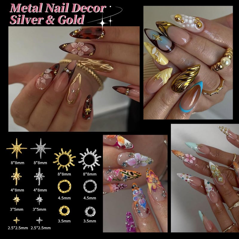 EARLMONI 3D Nail Charms Gold Silver, EARLMONI Metal Nails Stuff Flat Back Nail Gems Rhinestones Flatback Caviar Beads Pearls Studs Multi-Shape Crystal Jewels with Rhinestone Picker Tool - 3 Boxes - Image 3