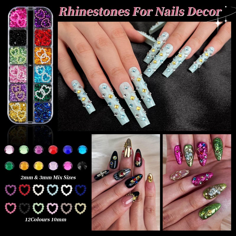 EARLMONI 3D Nail Charms Gold Silver, EARLMONI Metal Nails Stuff Flat Back Nail Gems Rhinestones Flatback Caviar Beads Pearls Studs Multi-Shape Crystal Jewels with Rhinestone Picker Tool - 3 Boxes - Image 4