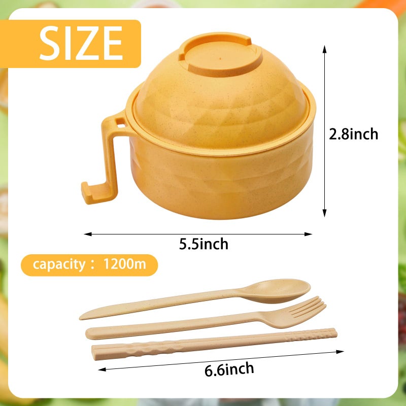 Romooa Romooa 1 Set Microwave Ramen Bowl Set 33 oz Wheat Straw Instant Ramen Cooker Set Portable Noodle Cooker with Handle Noodle Bowl with Spoon Chopsticks Fork College Dorm Room (Yellow)  - Image 2