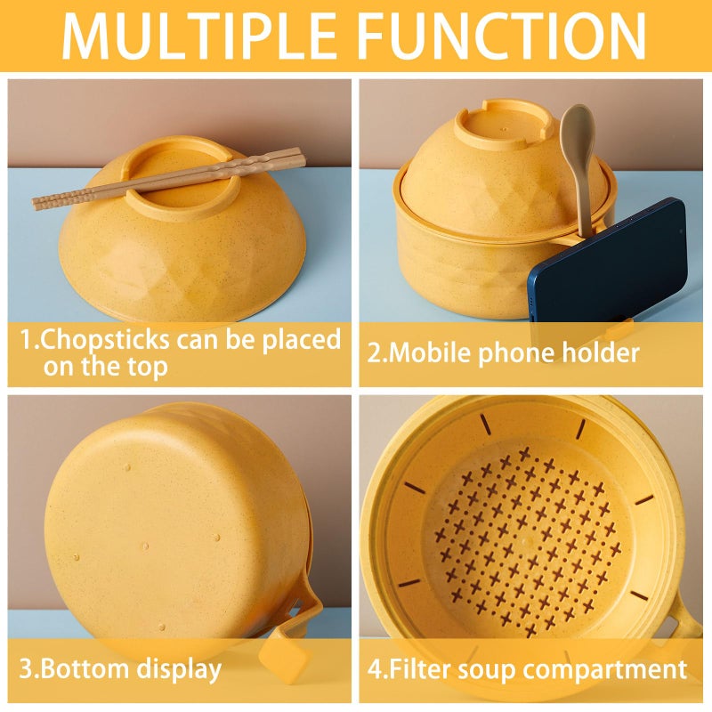 Romooa Romooa 1 Set Microwave Ramen Bowl Set 33 oz Wheat Straw Instant Ramen Cooker Set Portable Noodle Cooker with Handle Noodle Bowl with Spoon Chopsticks Fork College Dorm Room (Yellow)  - Image 3