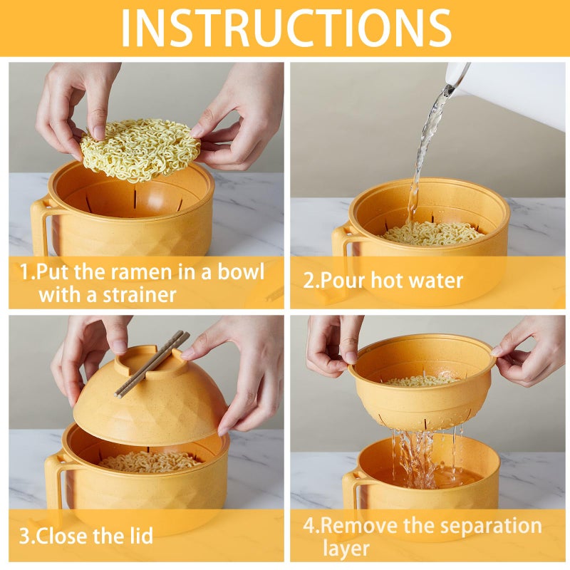 Romooa Romooa 1 Set Microwave Ramen Bowl Set 33 oz Wheat Straw Instant Ramen Cooker Set Portable Noodle Cooker with Handle Noodle Bowl with Spoon Chopsticks Fork College Dorm Room (Yellow)  - Image 4