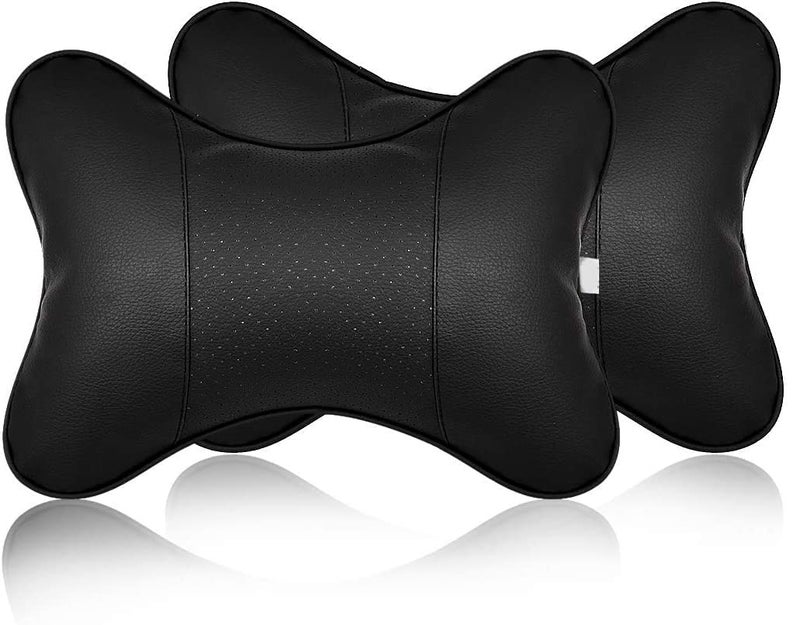 Yobbo Universal Car Neck Rest Pillow Cushion Set Headrest Pain Relief Support with Adjustable Strap Faux Leather, Cotton for All Cars, Home and Office Chair Seat (Pack of 2) (Black) - Image 1