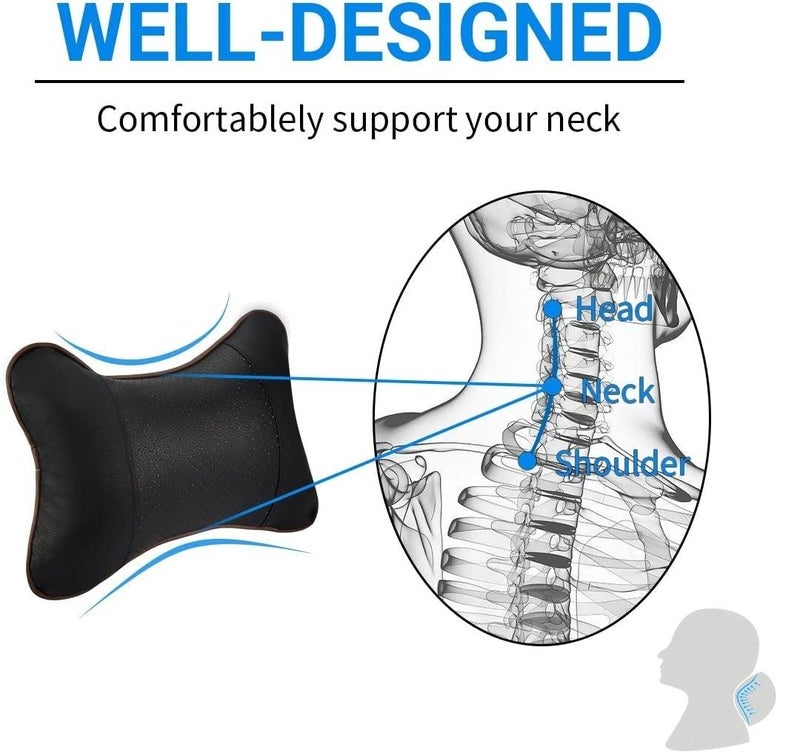 Yobbo Universal Car Neck Rest Pillow Cushion Set Headrest Pain Relief Support with Adjustable Strap Faux Leather, Cotton for All Cars, Home and Office Chair Seat (Pack of 2) (Black) - Image 3
