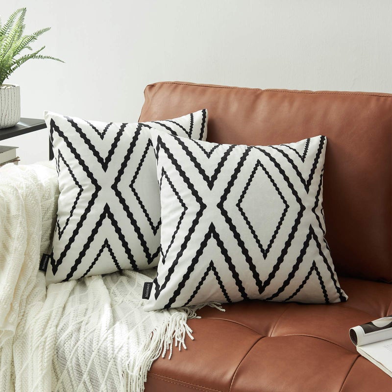 Nestinco Set of 2 White Square Pillow Covers 24 x 24 inches Boho Aztec Polyester Blend Decorative Throw Pillow Covers for Sofa Couch Bed Decor