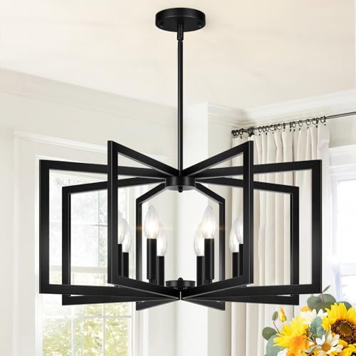 Lynnoland 28" Modern Matte Black Chandelier for Dining Room, No Assembly Required Black Dining Room Light Fixture Over Table, Industrial Metal Hanging Pendant Lights Fixture for Kitchen Island, Entryway, Foyer - Image 1