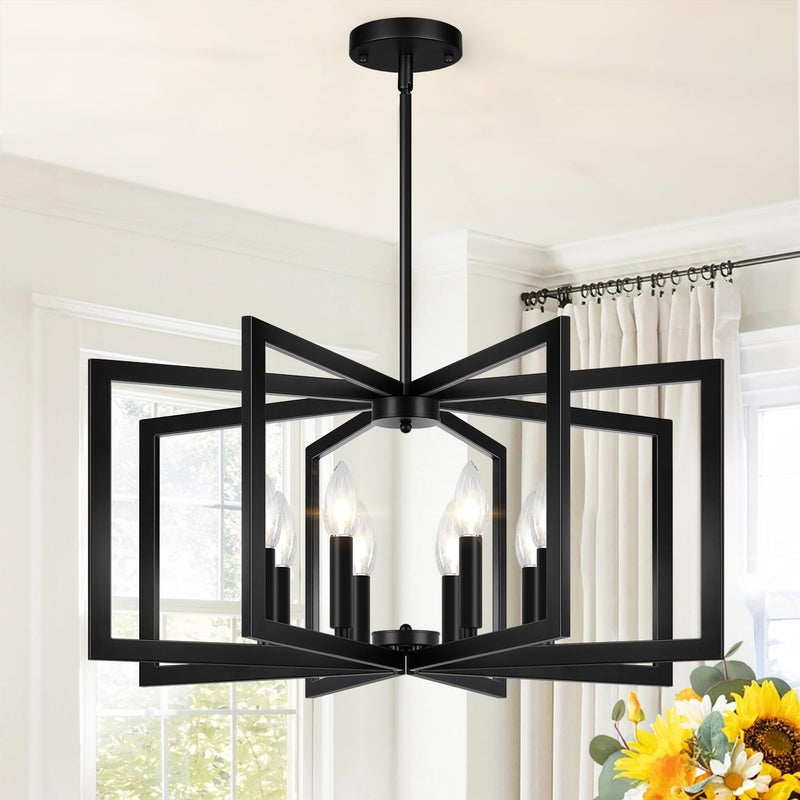 Lynnoland 28" Modern Matte Black Chandelier for Dining Room, No Assembly Required Black Dining Room Light Fixture Over Table, Industrial Metal Hanging Pendant Lights Fixture for Kitchen Island, Entryway, Foyer - Image 4