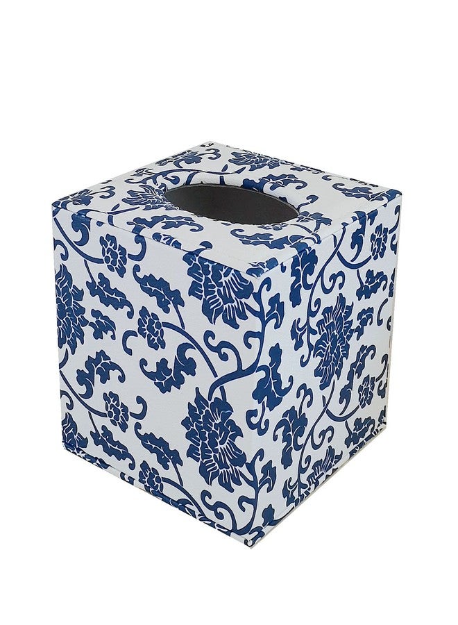 S Forever Home Decor Flower Pattern Faux Leather Tissue Box Cover (Square,Blue and White Porcelain) - Image 4