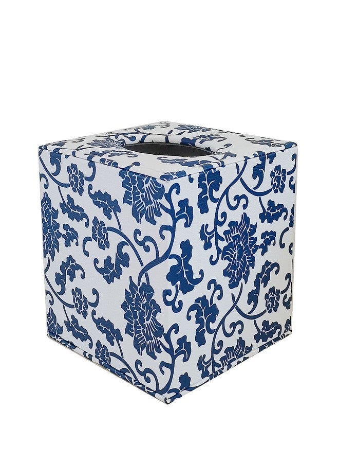 S Forever Home Decor Flower Pattern Faux Leather Tissue Box Cover (Square,Blue and White Porcelain) - Image 3