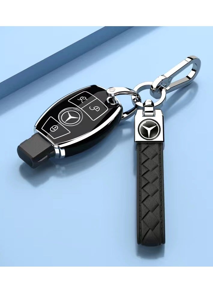 KENSUO Mercedes Benz Key Fob Cover with Leather Lanyard, Car Key Case Shell Protection for Mercedes Benz C E S M CLS CLK G Class Smart Remote Control,Black - Image 1