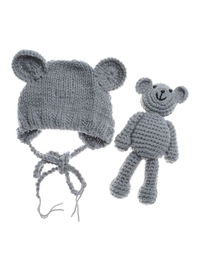 ECYC Newborn Baby Bear Hat Beanie with Bear Dolls Photography Accessories Grey  - Image 1