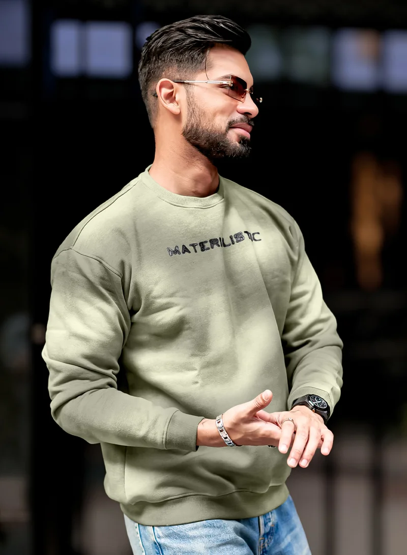 مانياك Maniac Mens Spray Printed Round Neck Full Sleeve Olive Loopnet Sweatshirt