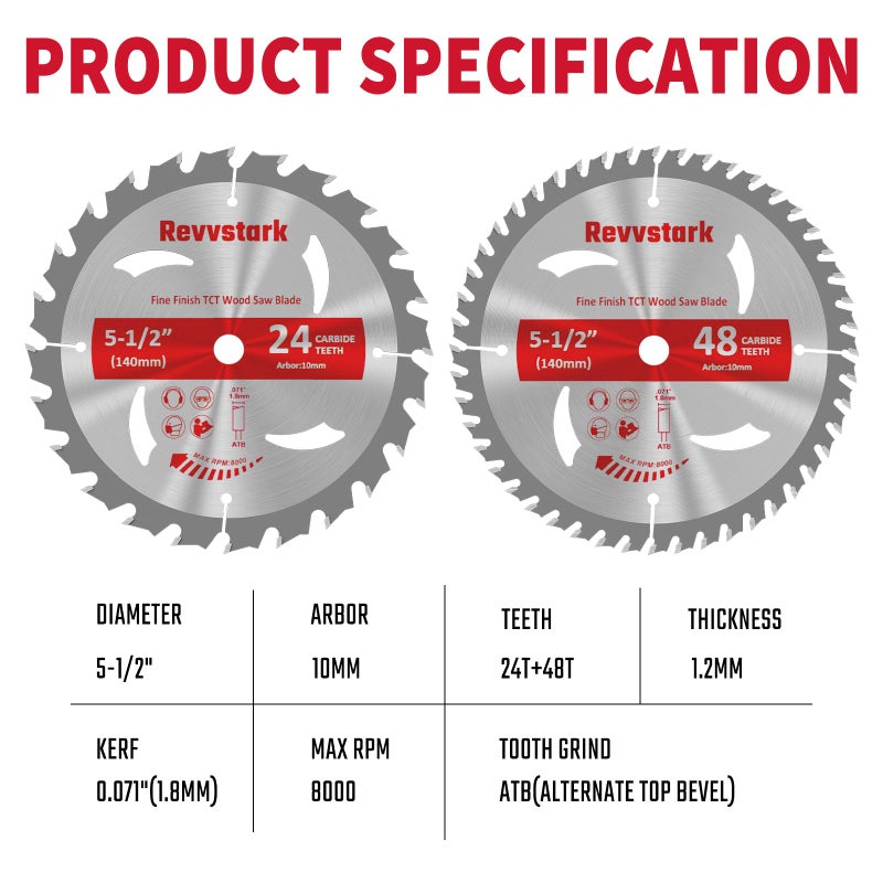 Revvstark 5-1/2"" (10Mm Arbor) Circular Saw Blades 24T&48T  Carbide Tipped Teeth  Heavy Duty Tct Saw Blades For Cutting Various Wood  Plastic And Composite Materials - Image 2