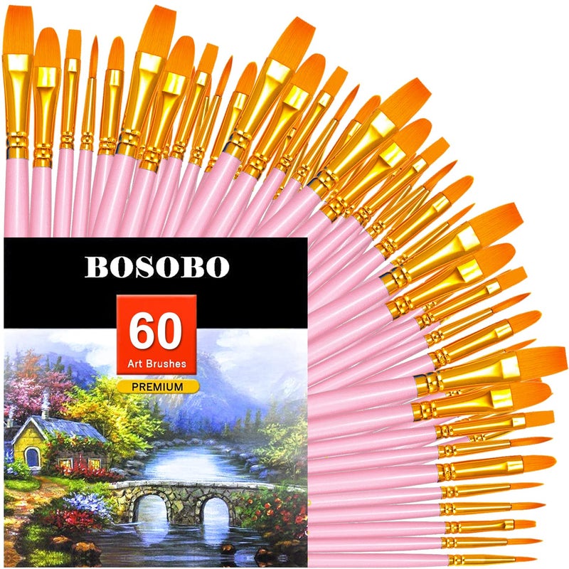 BOSOBO Paint Brushes Set 6 Pack 60 Pcs Round Pointed Tip Paintbrushes Nylon Hair Artist Acrylic Paint Brushes for Acrylic Oil Watercolor Face Nail Art Miniature Detailing Rock Painting Pink