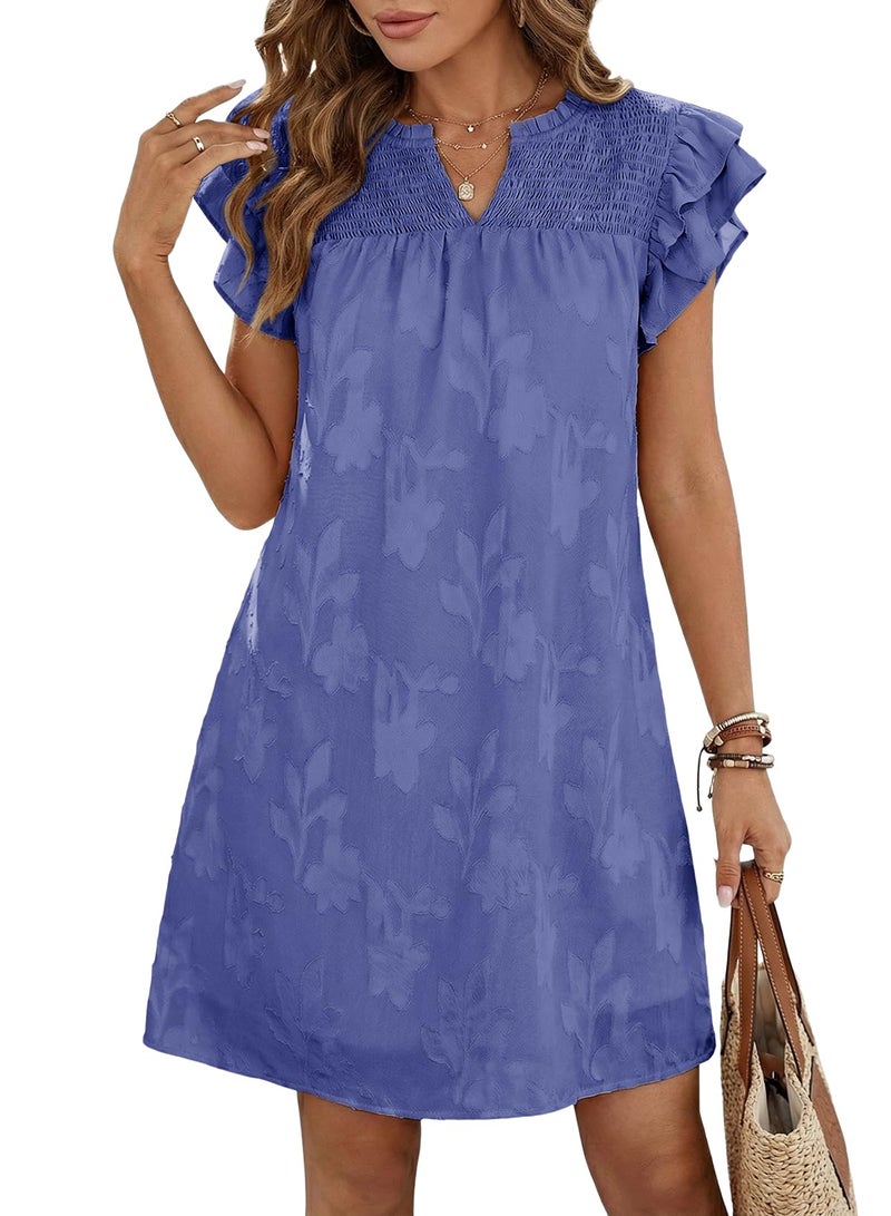 Dokotoo Easter Sresses for Women Spring Summer Ruffle Short Sleeve V Neck Smocked Boho Floral Burnout Mini Babydoll Dress Cute Casual Elegant Vintage Beach Resort Wear Sundresses Navy Blue X-Large - Image 1