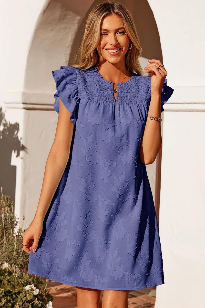 Dokotoo Easter Sresses for Women Spring Summer Ruffle Short Sleeve V Neck Smocked Boho Floral Burnout Mini Babydoll Dress Cute Casual Elegant Vintage Beach Resort Wear Sundresses Navy Blue X-Large - Image 3
