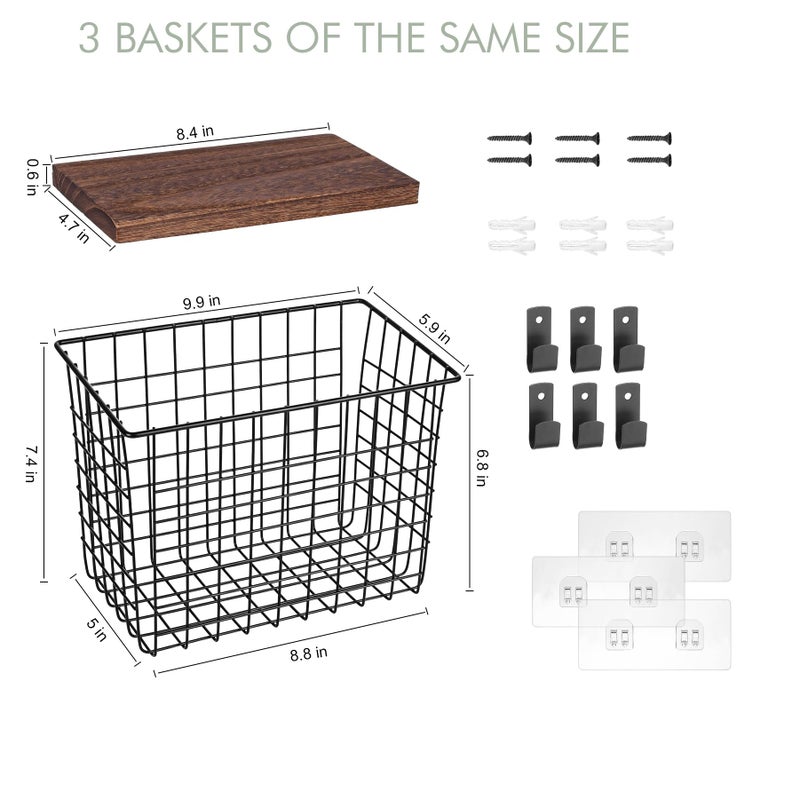 LIGHT DUST Wall Hanging Baskets 3 Pack, Diversified Wire Basket Shelves of Wooden Style, with Wall Mounted Hooks & Traceless Stickers, for Kitchen Coffee Bar Office Room Garage Storage Organization (Large) - Image 2