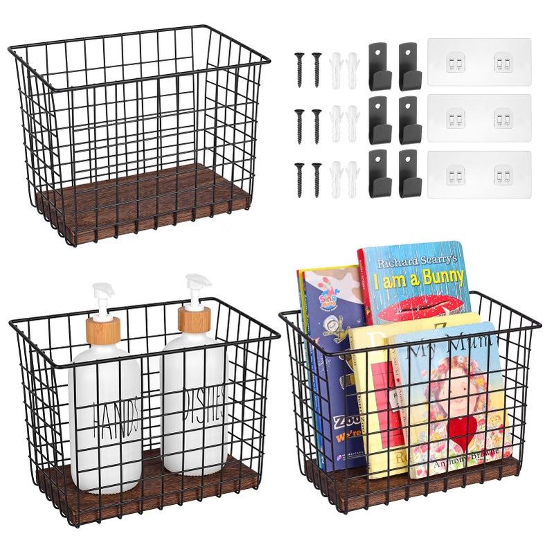 LIGHT DUST Wall Hanging Baskets 3 Pack, Diversified Wire Basket Shelves of Wooden Style, with Wall Mounted Hooks & Traceless Stickers, for Kitchen Coffee Bar Office Room Garage Storage Organization (Large) - Image 1