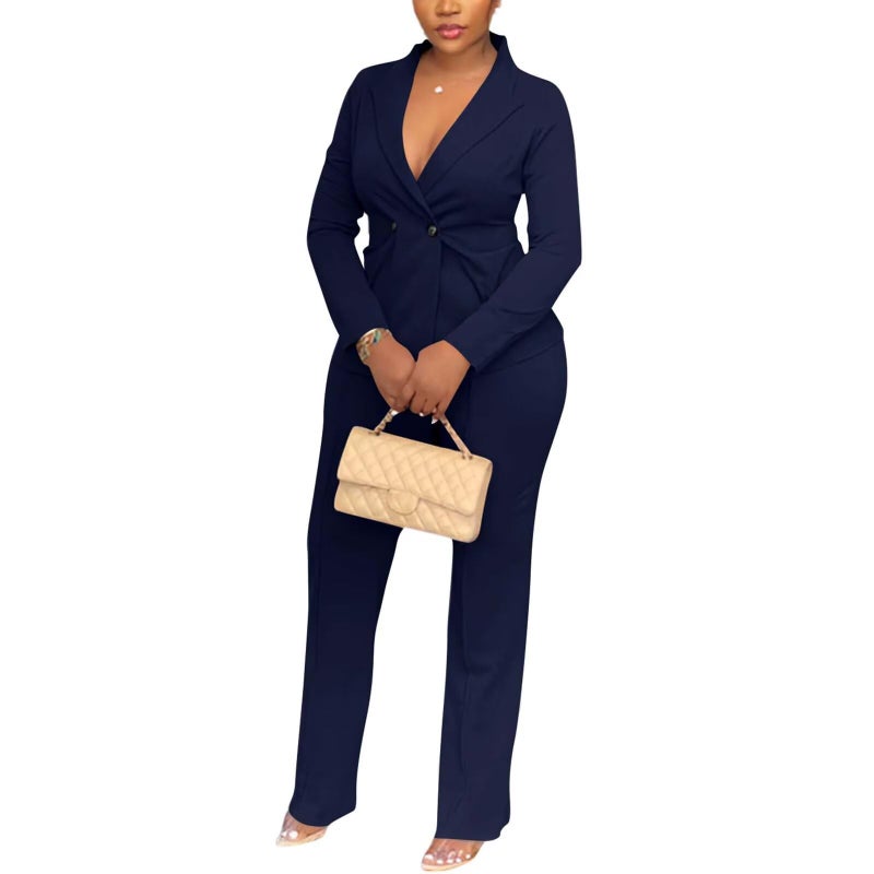Kafiloe Women Double Breasted Blazer Pants Suit 2 Piece Outfits Casual Long Sleeve Blazer Set for Work Business Navy Blue 2XL - Image 4